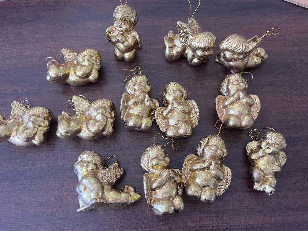 13 Vintage Angel Cherub Plastic Gold Ornaments Hong Kong Christmas Angel
